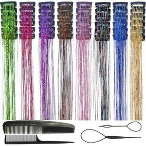 48pcs Rainbow Fairy Hair Tinsel Extensions Clip in Glitter 20 Inch for Girls Wom